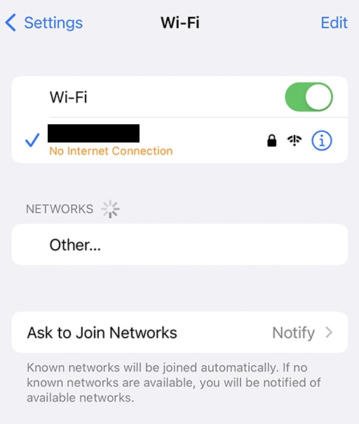 iPhone No Internet Connection Message on Wi-Fi